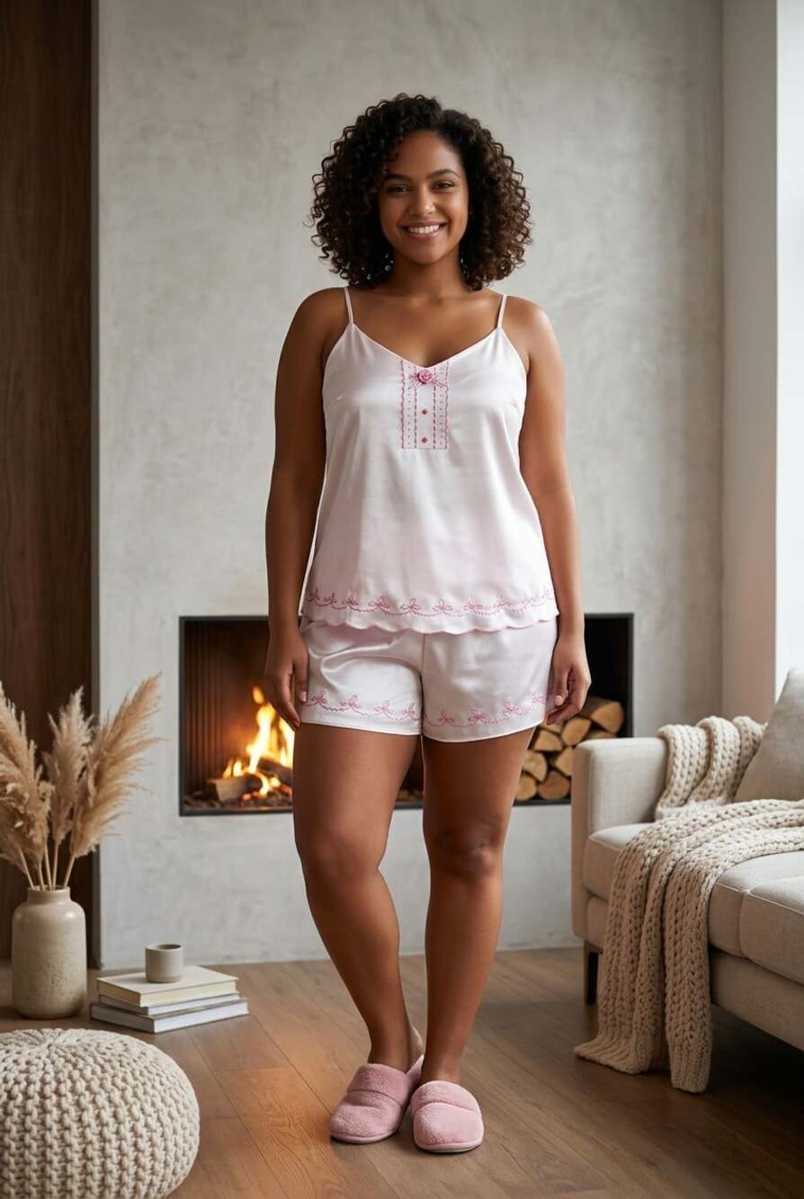 Hang Ha 100% Silk Pajama Set M L Light Pink Embroidered Cami Shorts Loungewear